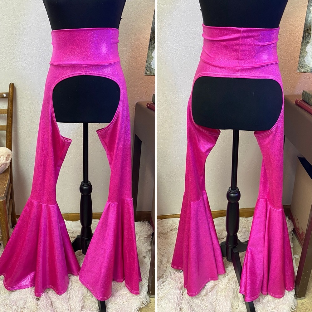 Coquetry Clothing Sparkly Pink Spandex Bell Bottom Festival Dance Chaps NWT XS P